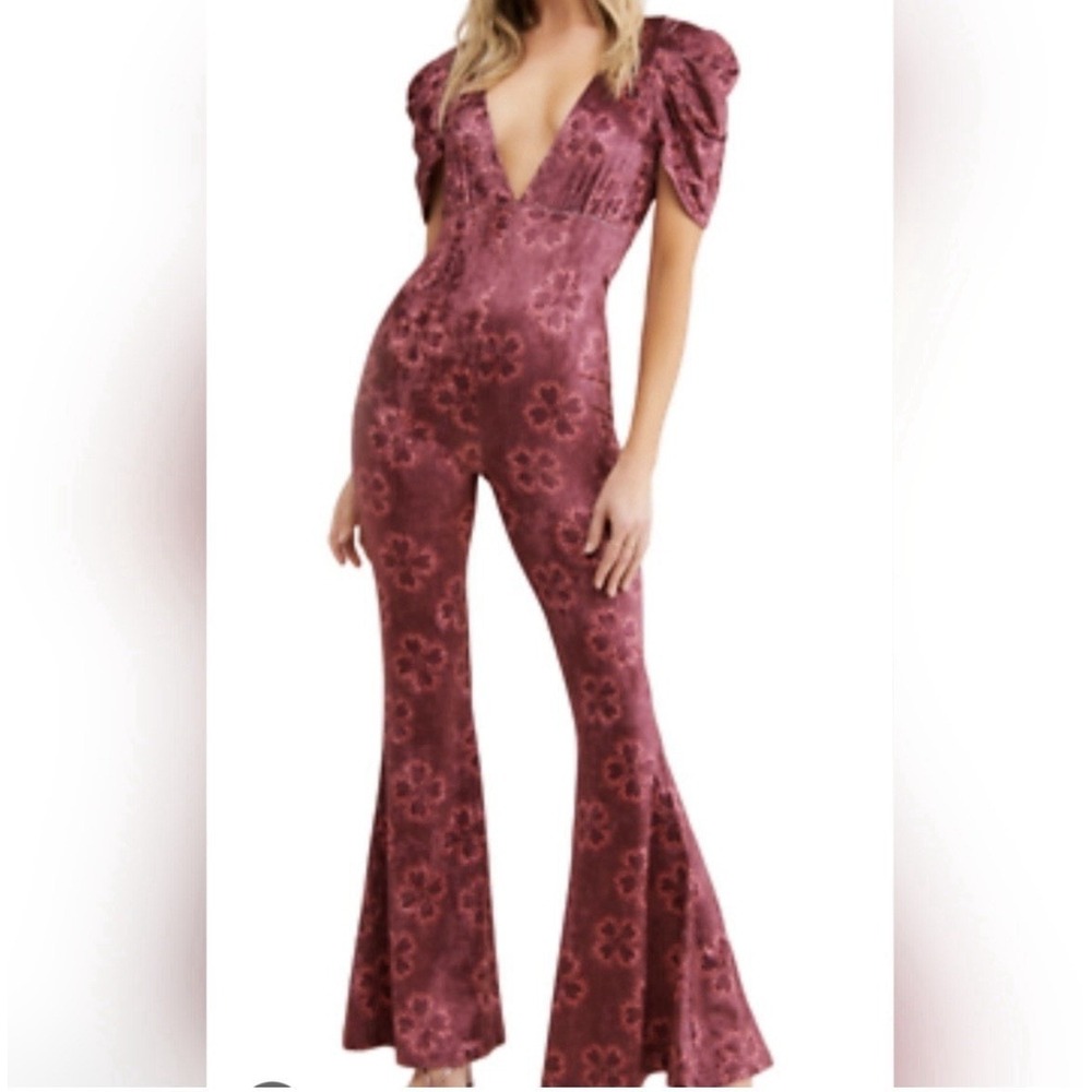 Free People Rosaline Jumpsuit Velvet Mulberry Floral Plunge Neckline Flare Sz Lg